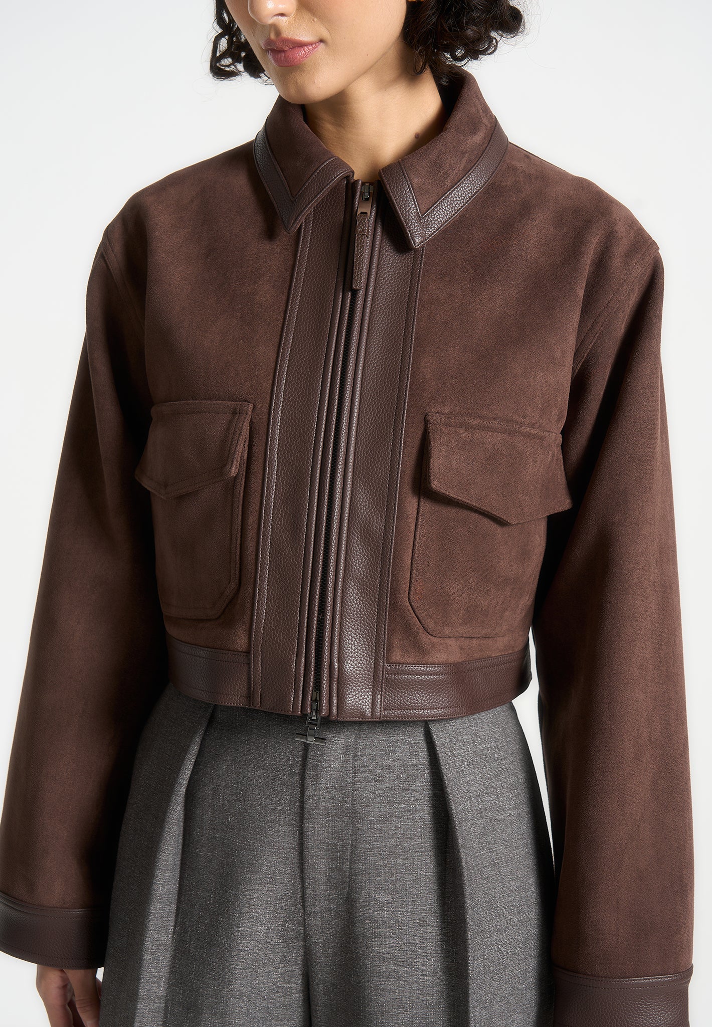 Suede & Pebbled Leather Jacket - Brown