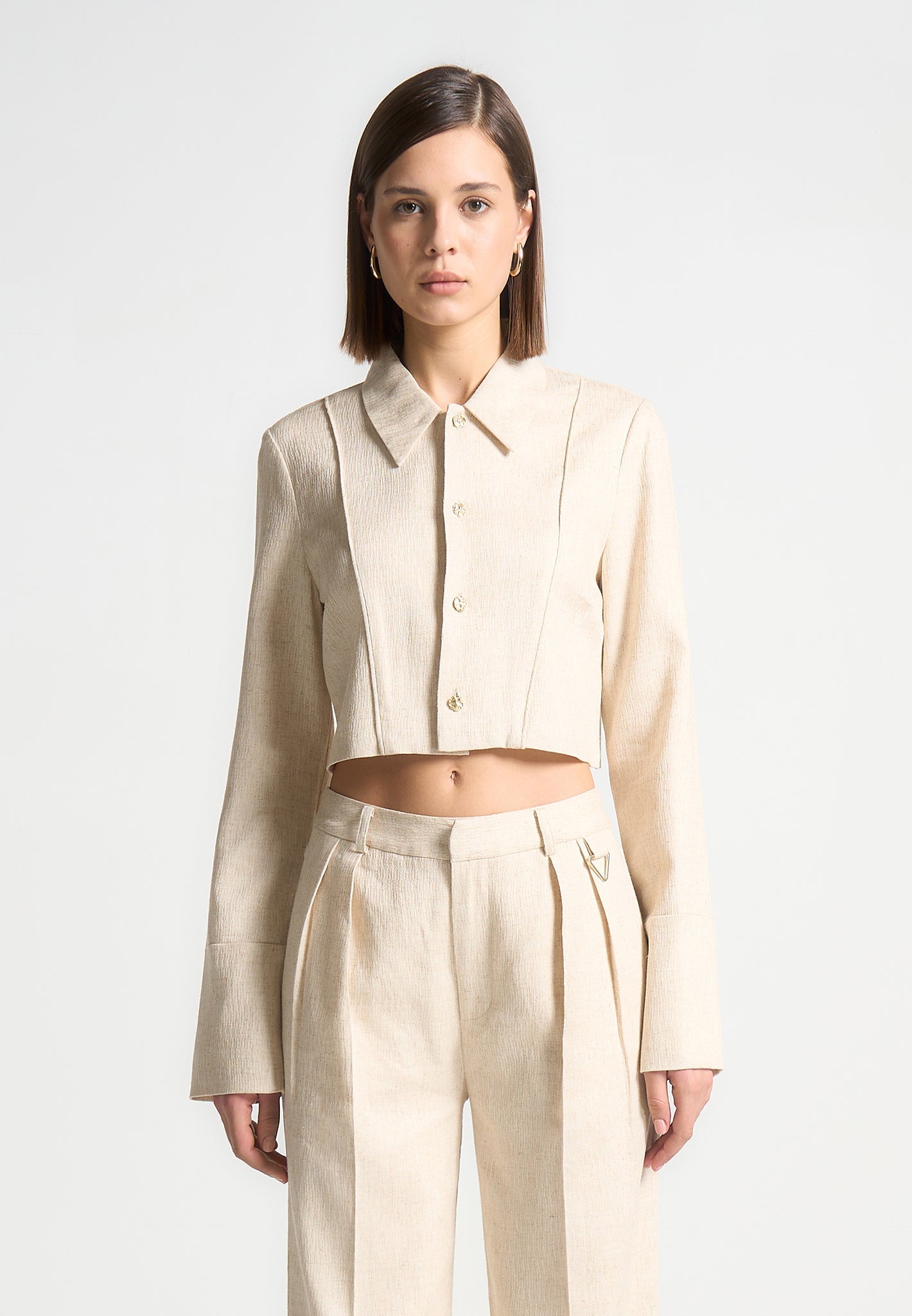 Linen Pintuck Cropped Shirt - Natural