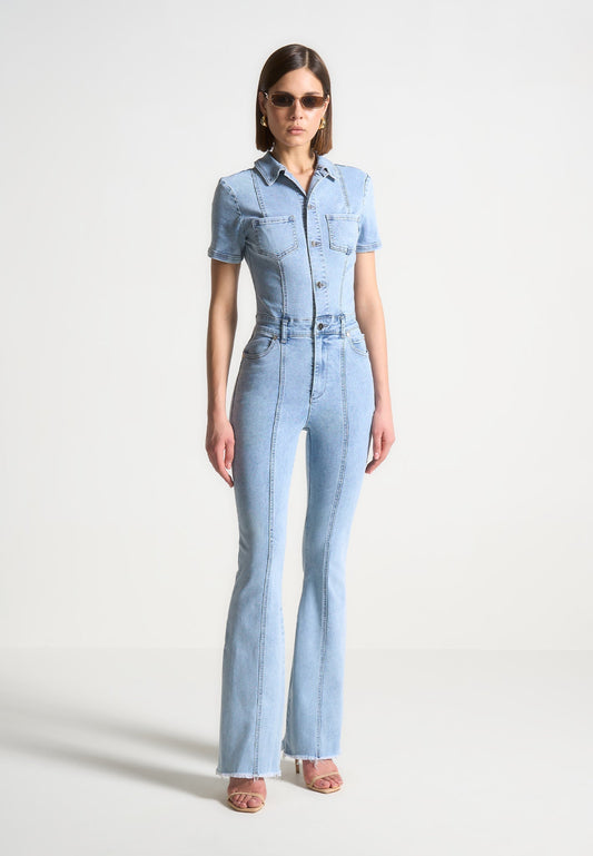 Mini Flared Denim Jumpsuit - Mid Blue