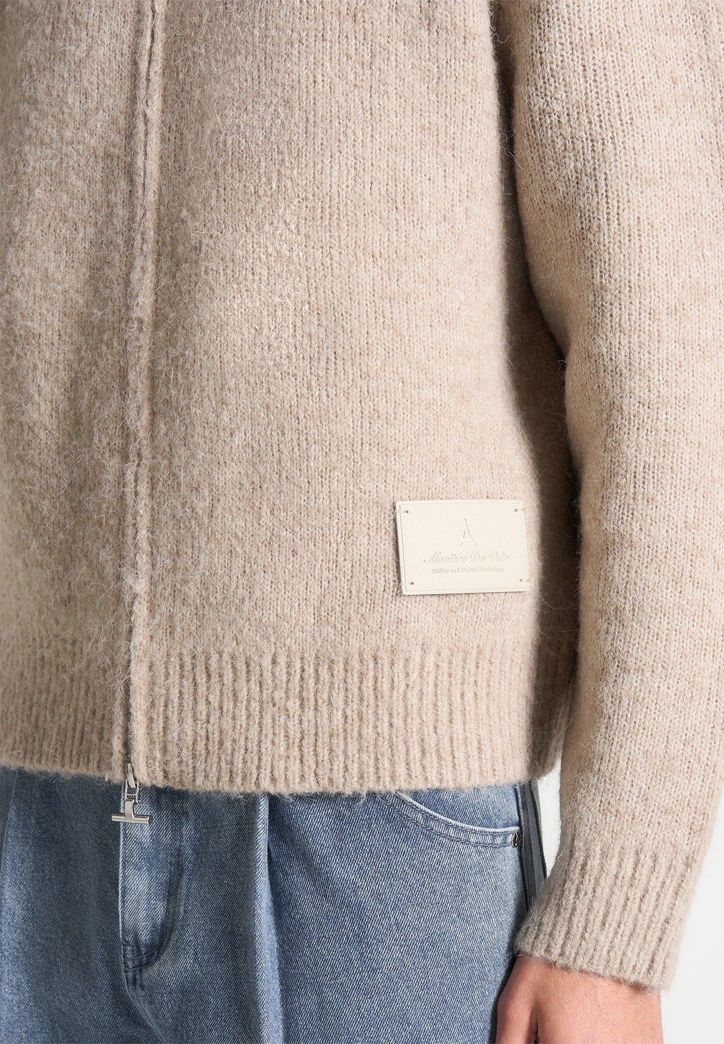 Mohair-Blend Zip Through Hoodie - Beige