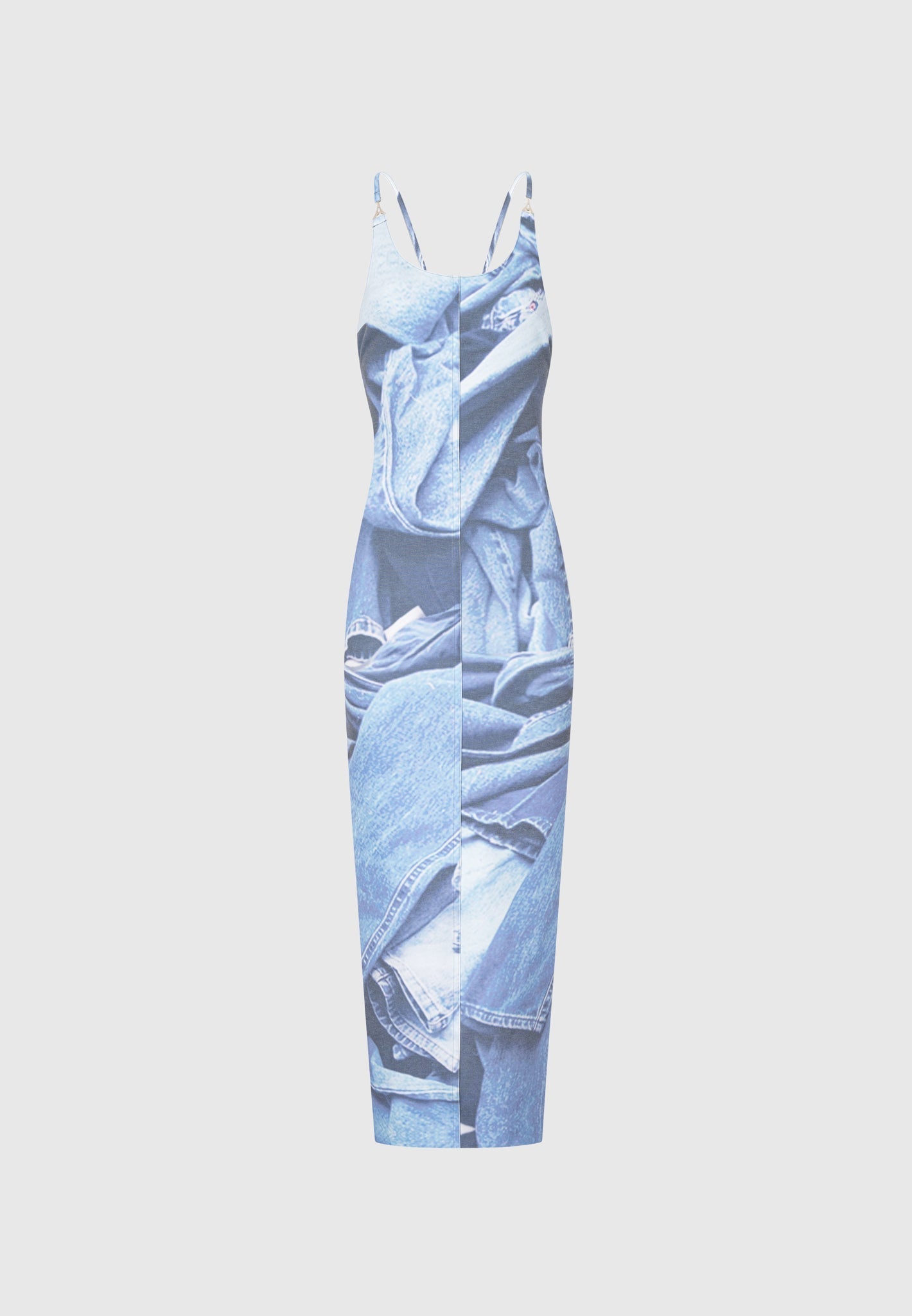 Printed Denim Effect Maxi Dress - Blue