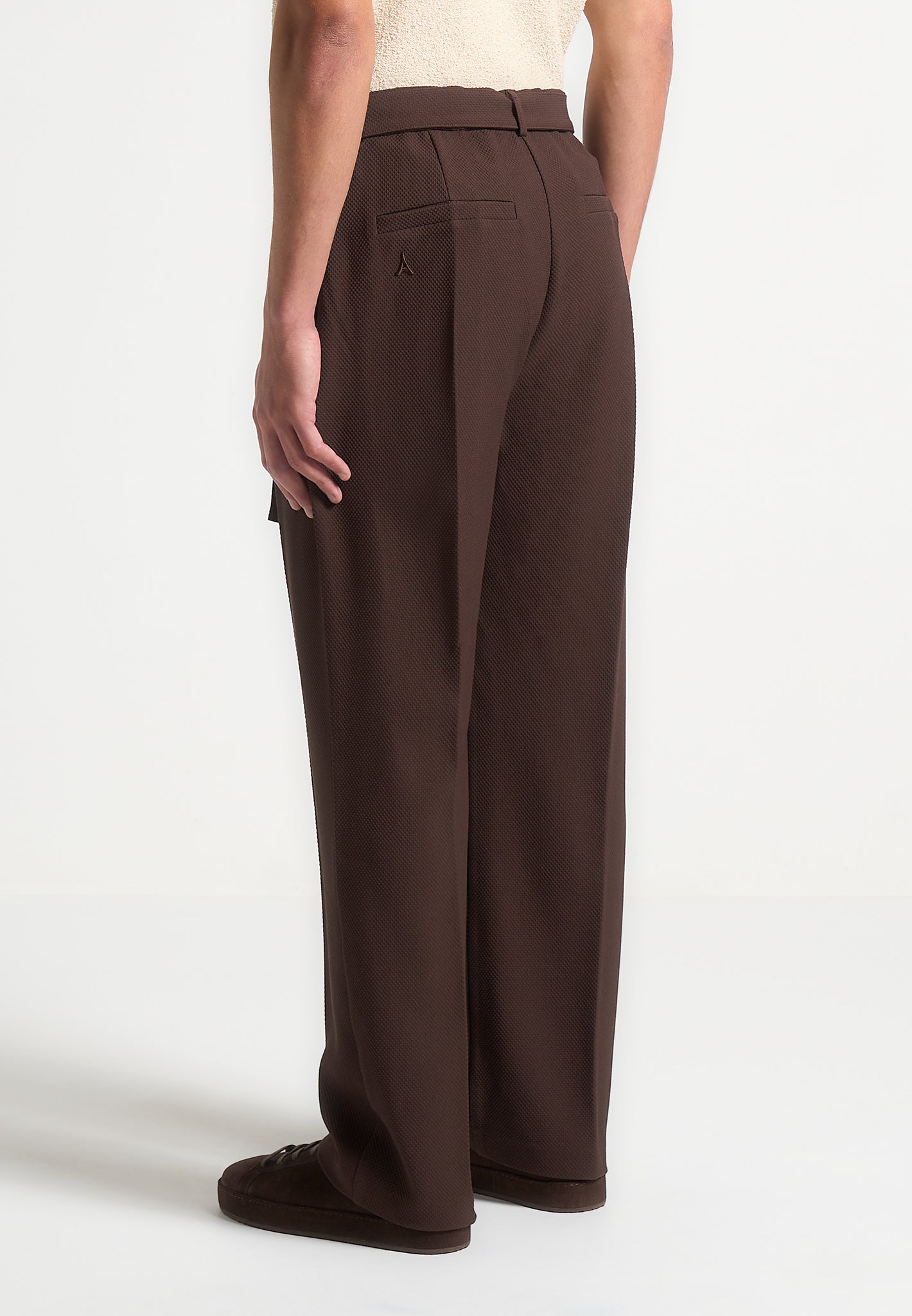 Relaxed Fit Textured Belted Tailored Trousers - Brown